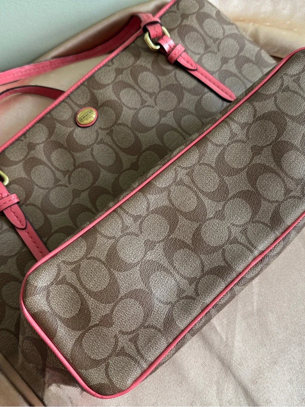 COACH Peyton Signature Canvas Tote Pink Leather Trim. Handles has crinkles!